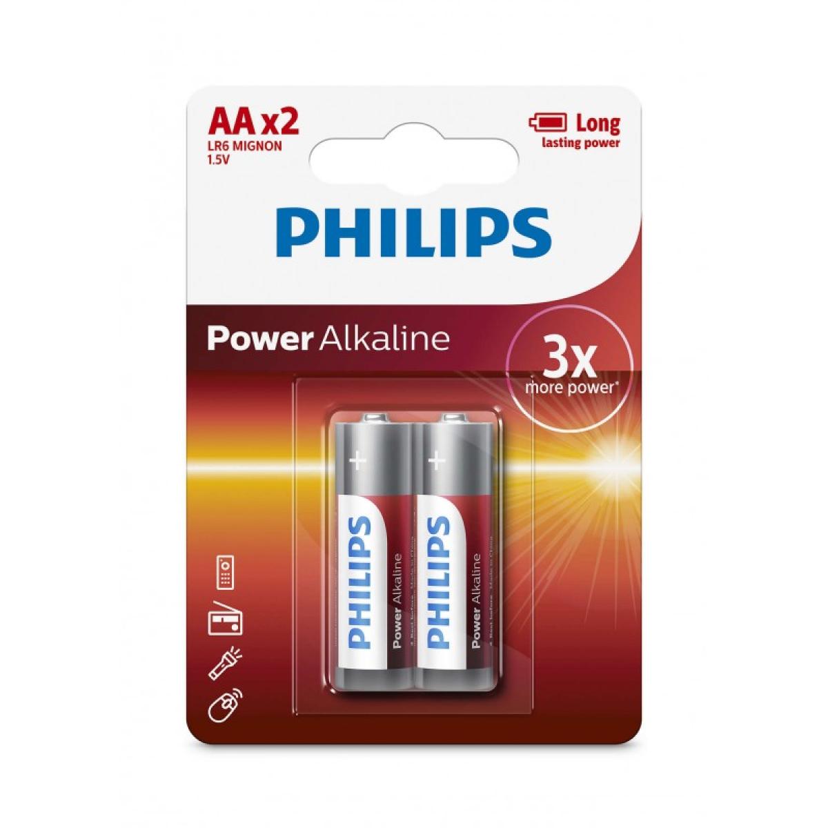 Philips LR6P2B/97 AA 1.5V Long Lasting Power Alkaline Battery Pack of 2