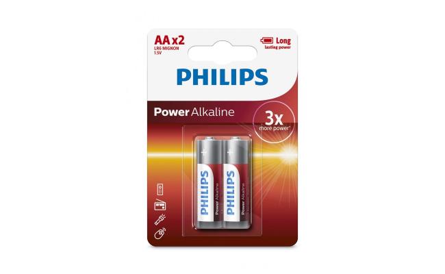 Philips LR6P2B/97 AA 1.5V Long Lasting Power Alkaline Battery Pack of 2