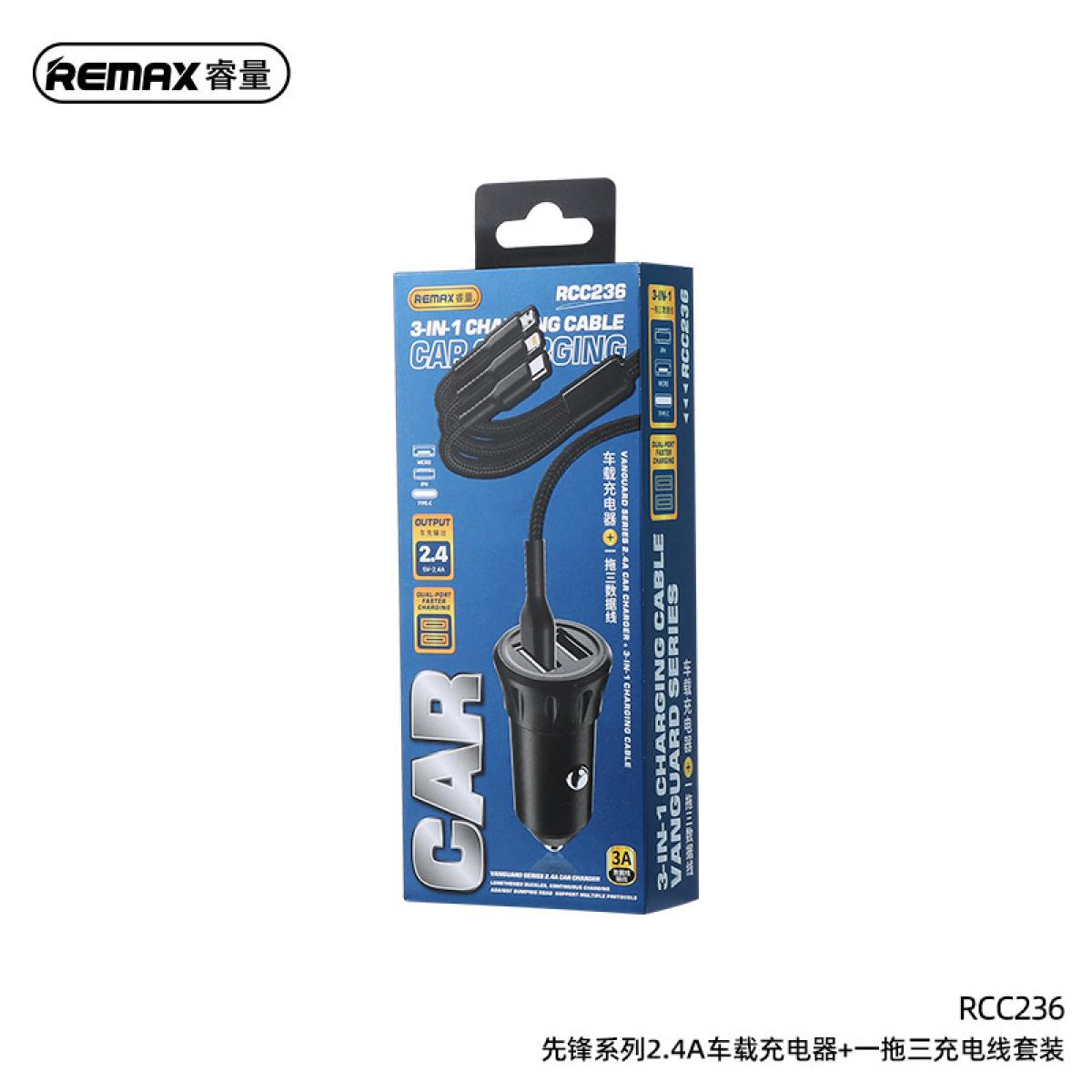 Remax RCC236 Car Charger 2USB 2.4A + Cable 3IN1 Black